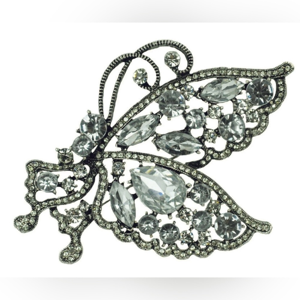 Belagio Rhinestone Metal Brooch, Butterfly, Silver